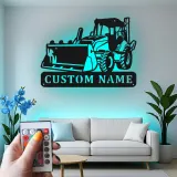 Décoration murale en métal personnalisée avec bulldozer rétroéclairé - Cadeau de construction pour lui - Décor de garage ou d'atelier