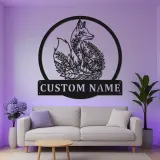Plaque prénom renard personnalisée | Décoration murale LED en métal pour chambre d’enfant | Déco animalière forêt | Veilleuse pour chambre d’enfant