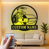 Enseigne de construction Rouleau de route | Décoration murale en métal LED personnalisée | Décor de machines lourdes pour garage ou bureau