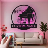 Panneau piano personnalisé avec LED | Décoration murale en métal sur mesure pour salle de musique | Silhouette de piano à queue | Cadeau pour pianiste