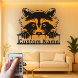 Panneau Métallique Raton Laveur Personnalisé | Plaque de Nom Rétroéclairée pour Nursery | Décor de Chambre d'Enfant Animaux de la Forêt