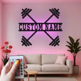 Insegna in metallo personalizzata con bilanciere e luce LED regalo per appassionati di fitness decorazione per home gym