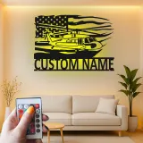 Black Hawk Helicopter LED Metal Wall Art | Personalized Pilot Gift | Custom Name Sign | Patriotic American Flag Wall Decor