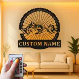 Insegna LED Ruota Mountain Bike Personalizzata | Arte in Metallo Personalizzata per Ciclisti | Decorazione per Avventure all'Aperto e Man Cave
