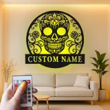 Sugar Skull LED Metal Wall Art | Personalized Day of the Dead Decor | Custom Name Sign for Salon, Patio or Studio