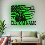 Custom Deer with American Flag Led Light Metal Wall Art Personalized Gift for Hunters Rustic Cabin Decor