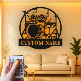 Décoration murale en métal LED personnalisée pour batteur - Cadeau musicien - Décor de salle de musique