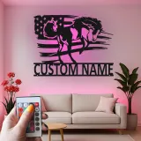 Panneau en métal LED personnalisé avec cheval | Panneau représentant le drapeau américain patriote | Cadeau équestre pour décor de ranch et de grange
