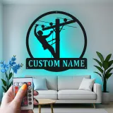 Lineman LED Metal Wall Art | Personalized Utility Worker Gift | Custom Name Powerline Technician Sign for Man Cave or Office Decor