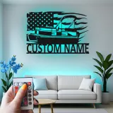 Plaque en métal personnalisée pour bateau ponton | Décoration murale avec drapeau américain LED | Décor de maison au bord du lac personnalisé | Cadeau nautique