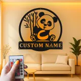 Custom Panda Led Light Metal Wall Art Personalized Nursery Gift Kids Room Animal Decor