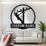 Lineman LED Metal Wall Art | Personalized Utility Worker Gift | Custom Name Powerline Technician Sign for Man Cave or Office Decor