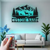 Custom Deer Mountain Scene Led Light Metal Wall Art Personalized Nature Gift for Outdoor Lovers Cabin Decor