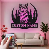 Insegna in metallo LED personalizzata con lupo - Regalo per amanti della natura, decorazione per cabin rustica