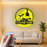 Décoration murale en métal personnalisée avec bouteille de vin et verres en rétroéclairage - Cadeau pour les amateurs de vin, décoration de cuisine ou de bar