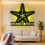 Letrero LED personalizado con estrella de mar | Arte mural de vida marina en metal | Regalo de decoración costera para casa de playa