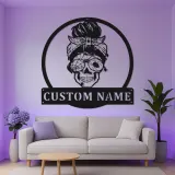 Panneau Métal Femme Crâne Gothique | Plaque de Nom LED Personnalisée | Art Murale Squelette Vintage pour Maison ou Studio de Tatouage
