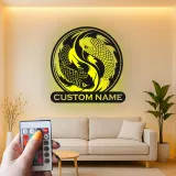 Cartel de metal de peces Koi Yin Yang | Arte mural LED personalizado | Decoración japonesa zen personalizada para sala de meditación y estudio