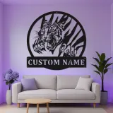 Insegna in metallo Tigre Ruggente | Arte Murale LED Personalizzata per Fauna Selvatica | Decorazione con Nome Personalizzato per Ufficio, Man Cave o Garage