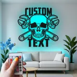 Mechanic Skull LED Sign | Custom Metal Wall Art for Garage | Personalized Man Cave Decor | Biker Bar & Workshop Gift Idea