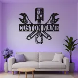 Custom LED Mechanic Sign | Metal Piston & Wrenches Wall Art | Personalized Garage Decor | Auto Shop Lighted Gift
