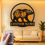 Custom Bear and Mountain Scene Led Light Metal Wall Art Personalized Nature Lover Gift Cabin Decor