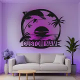Cartel de metal personalizado con delfines al atardecer y luz LED, regalo para amantes de la playa, decoración costera para el salón