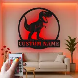Cartel de metal personalizado de luz LED de dinosaurio T-Rex regalo personalizado para la habitación o sala de juegos de los niños 1