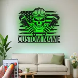 Custom Plumber Skull Metal Sign | LED Light Wall Art with American Flag | Personalized Gift for Plumbers, Workshop, or Garage Decor