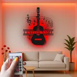 Panneau prénom guitare personnalisé | Décoration murale en métal sur mesure avec LED | Décor studio de musique | Cadeau pour musicien