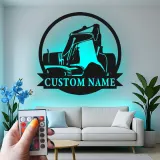 Décoration murale en métal personnalisée avec rétroéclairage pour excavateur - Cadeau de construction pour lui - Décor de garage ou d'atelier 1