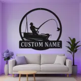 Insegna da pesca personalizzata con LED | Insegna in metallo personalizzata con pescatore | Decorazione per casa al lago e regalo per pescatori