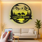 Cartel de metal personalizado con escena de montaña y bisonte iluminado LED, regalo para amantes de la naturaleza, decoración para cabañas o lodges