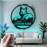 Enseigne renard LED en métal sur mesure | Décoration murale faune personnalisée | Décor rustique avec prénom pour chalet ou maison | Cadeau pour amoureux de la nature