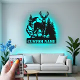 Décoration murale en métal personnalisée avec éclairage LED de forêt de cerfs - Cadeau pour les amoureux de la nature, décoration de chalet ou de pavillon 1