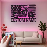 Insegna in metallo personalizzata con bandiera americana e luce LED regalo per motociclisti decorazione per garage