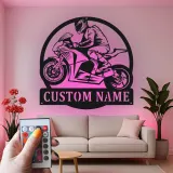 Décoration murale en métal LED personnalisée pour coureur de moto - Cadeau pour motards, décoration de garage ou de man cave