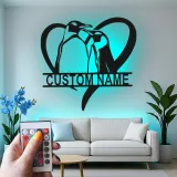 Custom Penguin Couple Led Light Metal Wall Art Romantic Gift for Couples Bedroom or Living Room Decor