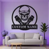 Insegna LED Teschio Idraulico | Decorazione Garage Personalizzata per Uomini | Arte da Parete con Nome Personalizzato per Officina | Luce Industriale per Man Cave