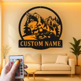 Custom Wolf Led Light Metal Wall Art Personalized Gift for Nature Lovers Rustic Cabin Decor