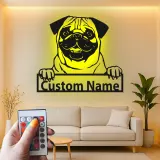 Personalisierte Pug LED-Schild | Individuelles Metall-Haustierporträt | Hundeliebhaber Namensdekoration | Moderne Wandkunst für den Eingangsbereich