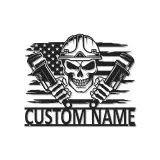 Custom Plumber Skull Metal Sign | LED Light Wall Art with American Flag | Personalized Gift for Plumbers, Workshop, or Garage Decor