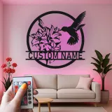 Hummingbird & Lily LED Metal Wall Art | Personalized Name Sign for Home | Custom Floral Bird Decor for Garden Lovers