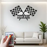 Insegna in metallo LED personalizzata con bandiere da corsa - Regalo per appassionati di auto, decorazione per garage o man cave