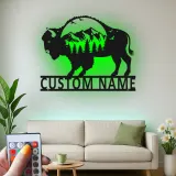 Cartel de metal personalizado con escena de montaña y bisonte iluminado LED, regalo para amantes de la naturaleza, decoración rústica para salas de estar