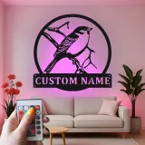 Custom Bird on Branch Led Light Metal Wall Art Personalized Gift for Nature Lovers Living Room or Garden Decor