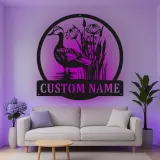 Insegna in metallo LED personalizzata con anatra e canne - Regalo natura, decorazione giardino o patio