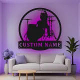 Insegna in metallo LED personalizzata con silhouette di batterista - Regalo per amanti della musica, decorazione per studio musicale o camera da letto