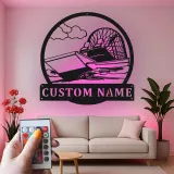 Décoration murale en métal LED personnalisée en forme d'airboat - Cadeau pour les passionnés de navigation - Décor nautique pour man cave