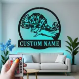 Insegna in metallo LED personalizzata a forma di camaleonte - Regalo unico per amanti dei rettili, decorazione per camera da letto o ufficio